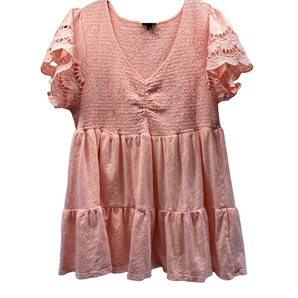 Torrid Women's Top Sz 2X Solid Peach Short Lace Sleeves Tiered Smocked Baby Doll